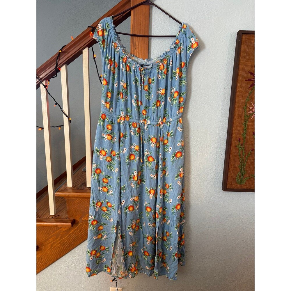 Torrid Dress 2 Blue Orange Fruit Flower Blossom Cottagecore Milkmaid Boho